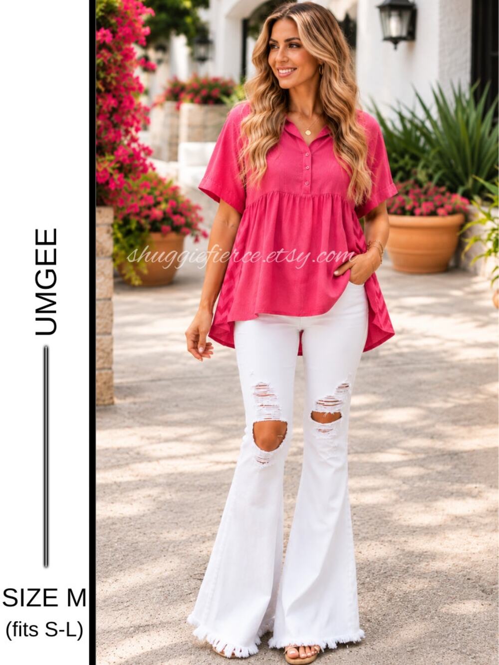 MSRP: $48 ✨Umgee Hot Pink Linen Blend Babydoll Tunic Top Size M (Fits up to L) ✨
